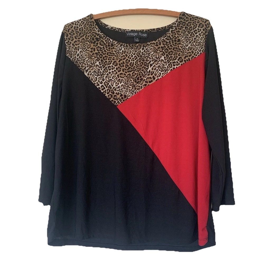 Vintage Rose Colorblock Blouse Leopard Black Red Beaded Trim Mob SZ-XL